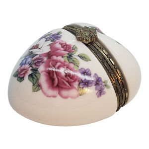 Vintage Porcelain Heart Jewelry Trinket Stash Ring Box Floral Roses 2000
